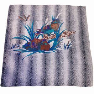 Duck Print Herringbone Cattail Scarf Wrap Handkerchief Vintage Blue Brown Square